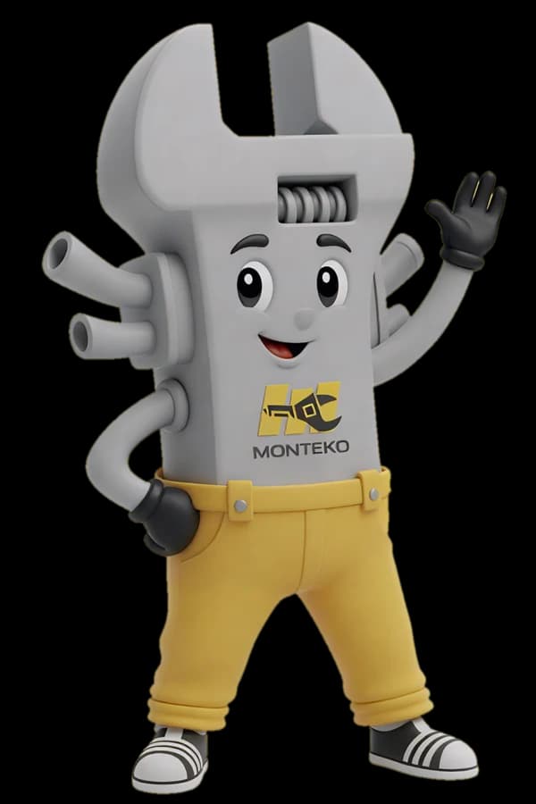 La mascotte Monteko, une clé à molette souriante qui fait coucou